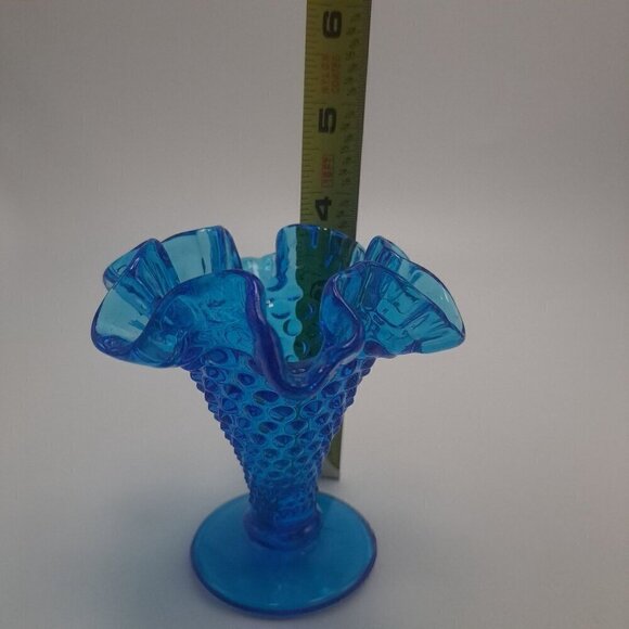 Fenton Blue Hobnail Glass Vase Ruffled Edge Vintage Home Accent Decor - Picture 2 of 7